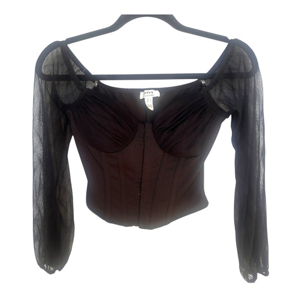 privy Tops - Privy Womens Black Mesh Long Sleeve Corset Top Whimsigoth Witchy Edgy Small